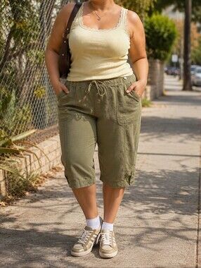 Classic Editions 100% Cotton Olive Drawstring Cargo Capri Pants Y2K Utility